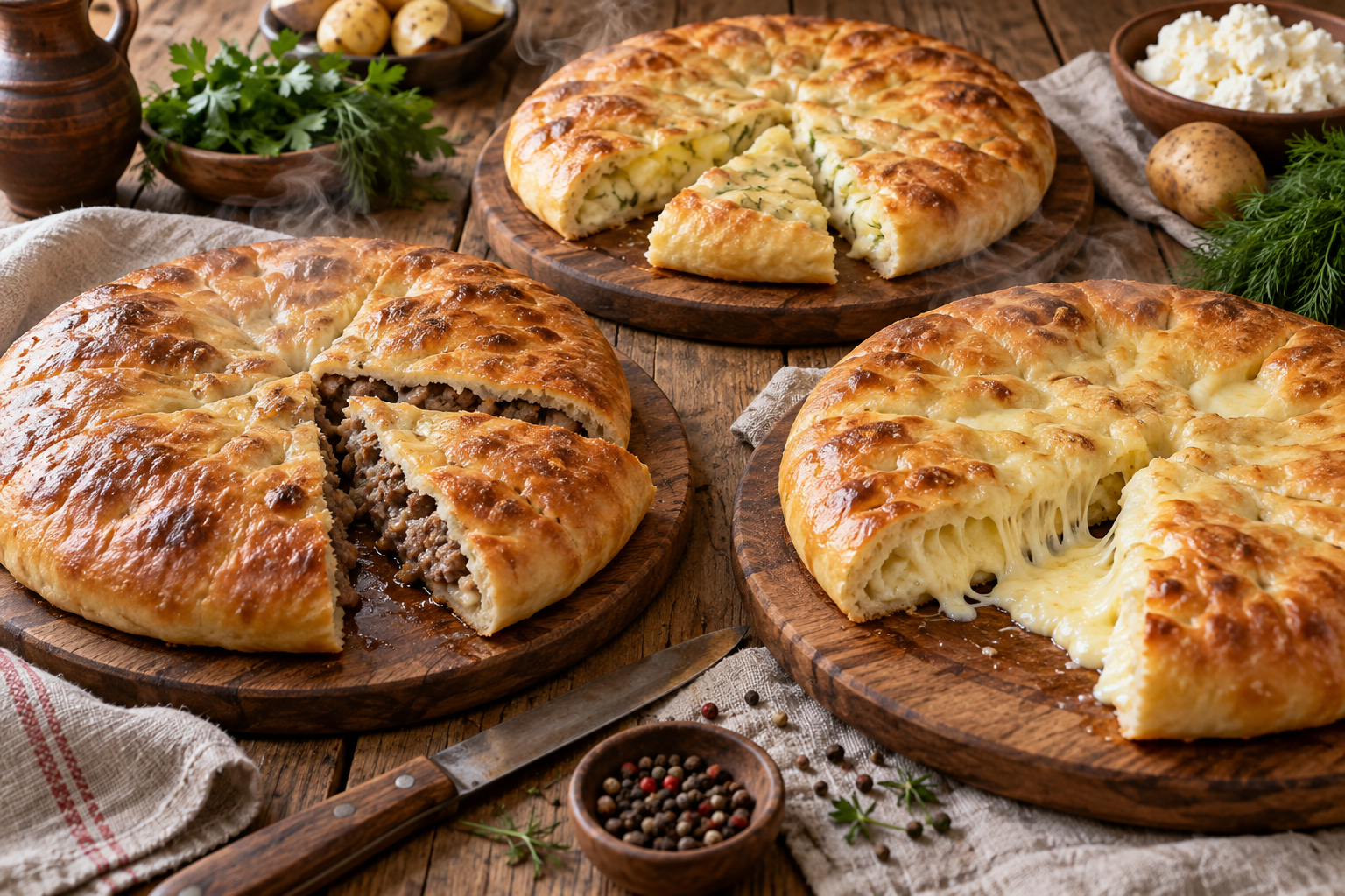 Мясной, сырный и картофельно-сырный осетинские пироги
