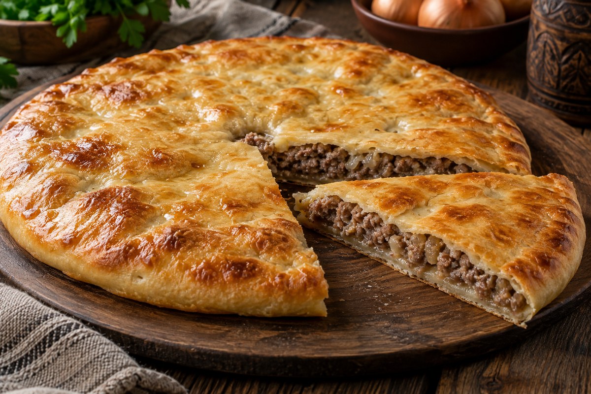 Готовый осетинский пирог с сочной мясной начинкой