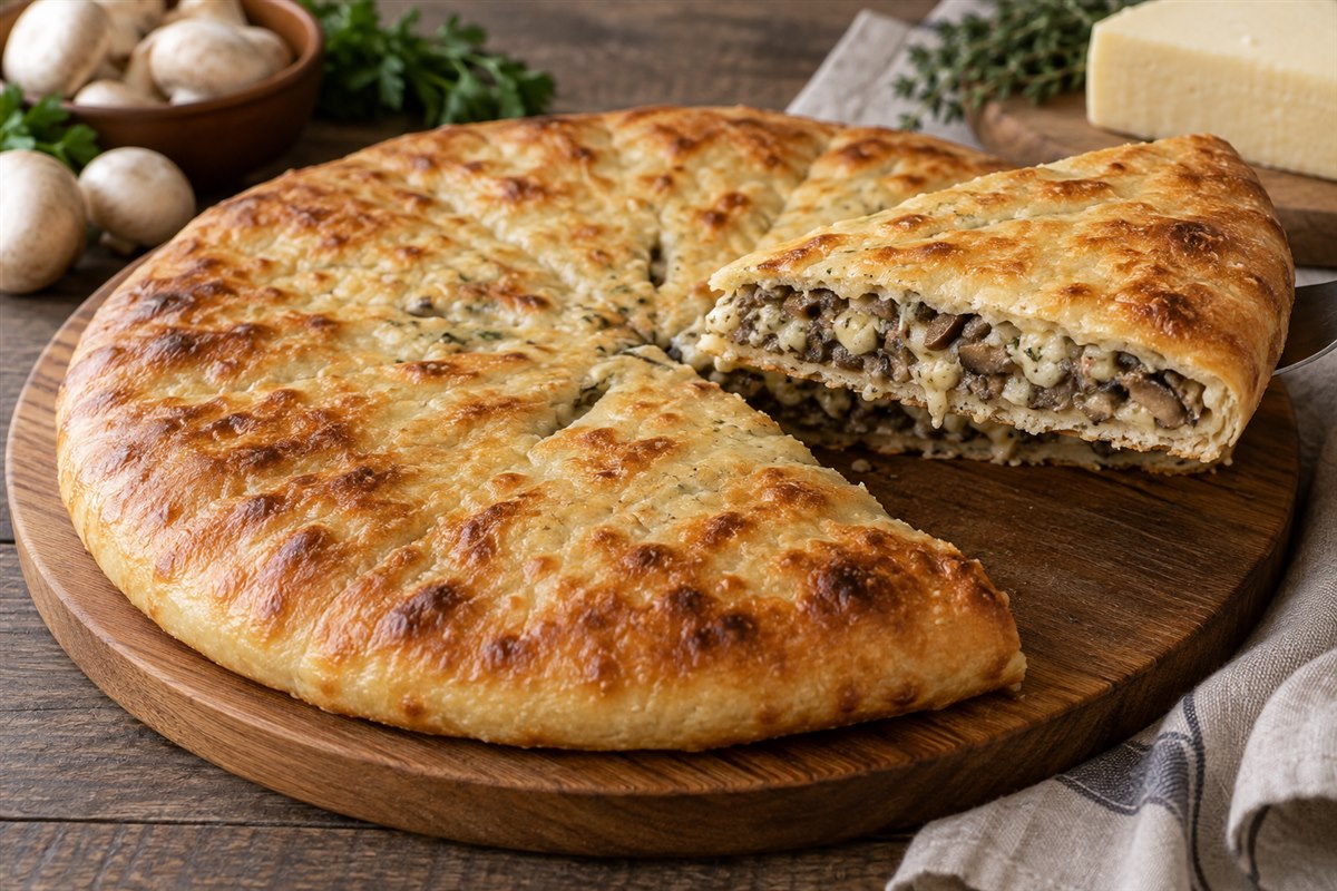 Готовый осетинский пирог с грибами и сыром в разрезе